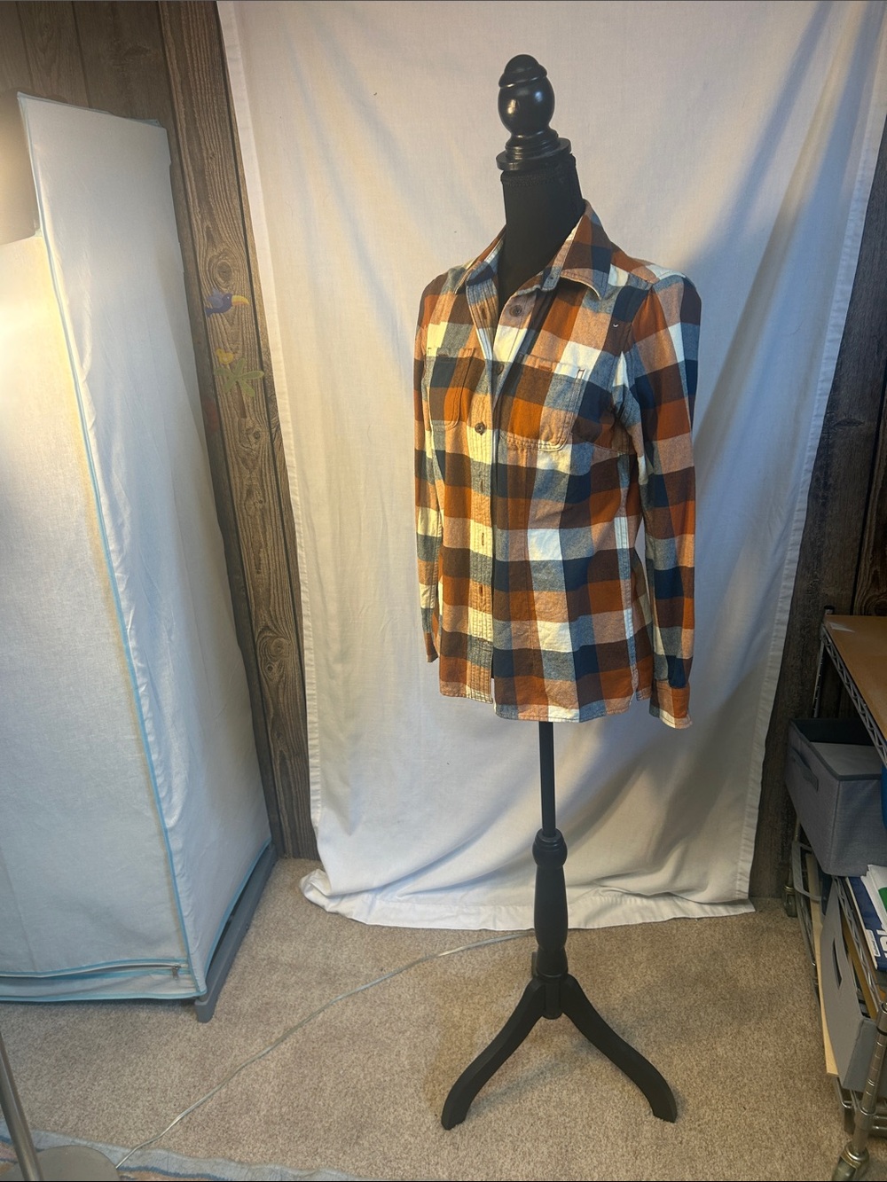 Duluth Trading Co Orange Navy White Plaid Button-Down Shirt